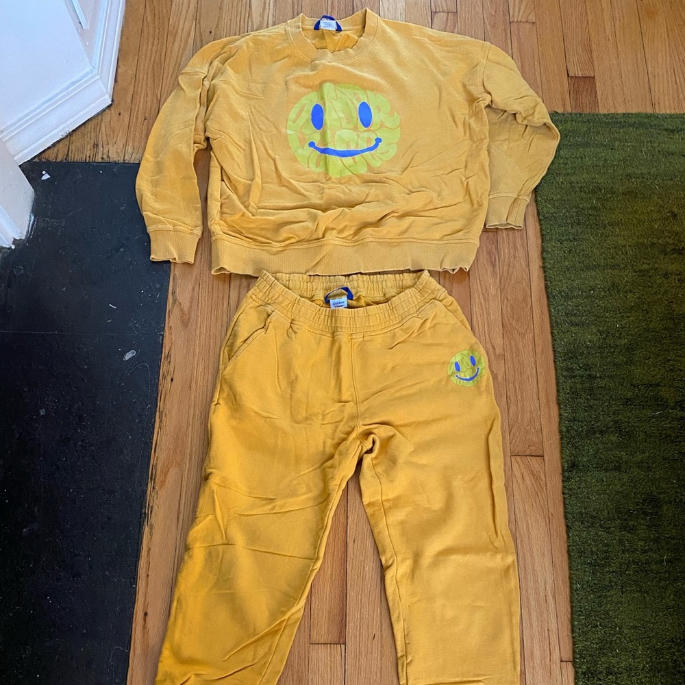 Outdoor Voices smiley sweatshirt and sweatpants